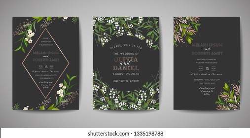 Set of Wedding Invitation, floral invite, thank you, rsvp rustic card design with gold foil decoration. Vector elegant modern template on black background