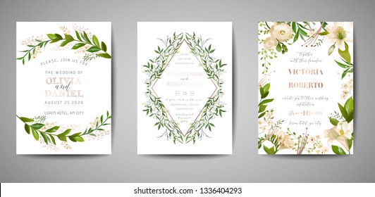 Set of Wedding Invitation, floral invite, thank you, rsvp rustic card design with gold foil decoration. Vector elegant modern template on white background