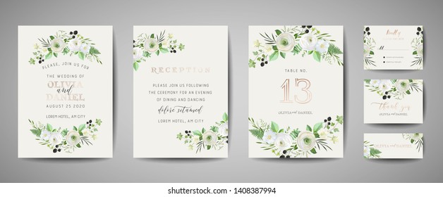 Set of Wedding Invitation, floral invite, thank you, rsvp rustic card design with gold foil decoration. Vector elegant modern template, trendy cover, graphic poster, retro brochure, design template 