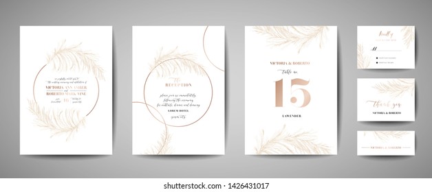 Set of Wedding Invitation, floral invite, thank you, rsvp rustic card design with gold foil decoration. Vector elegant modern template, trendy cover, graphic poster, retro brochure, design template 