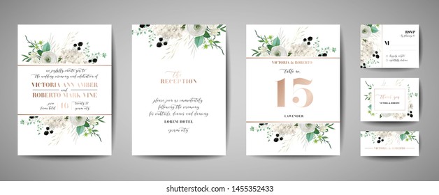 Set of Wedding Invitation, floral invite, thank you, rsvp rustic card design with gold foil decoration. Vector elegant modern template, trendy cover, graphic poster, retro brochure, design template 