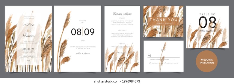 Set of Wedding Invitation, floral invite, thank you, rsvp rustic card design with gold foil decoration. Vector elegant modern template, trendy cover, graphic poster, retro brochure, design template