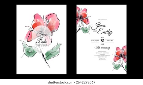 Set of Wedding Invitation, floral invite, thank you, rsvp rustic card design with gold foil decoration. Vector elegant modern template, trendy cover, graphic poster, retro brochure, design template