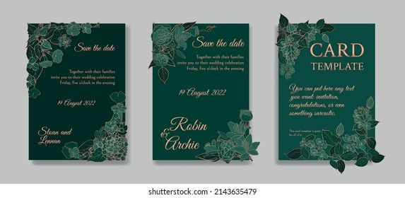 Set of Wedding invitation. Greenery greeting card collection template design, metallic copper flowers with emerald green background