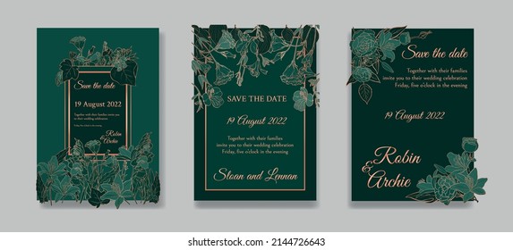 Set of Wedding invitation. Greenery greeting card collection template design, metallic copper flowers with emerald green background