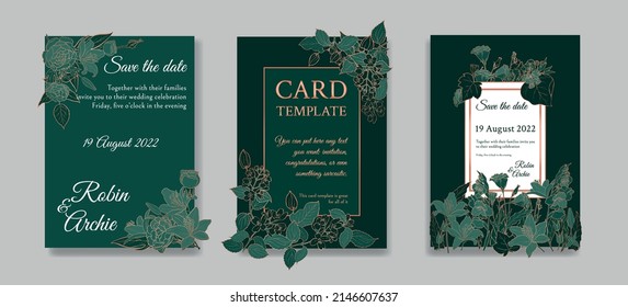 Set of Wedding invitation. Greenery greeting card collection template design, metallic copper flowers with emerald green background