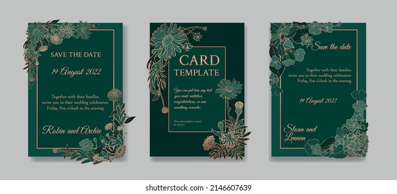 Set of Wedding invitation. Greenery greeting card collection template design, metallic copper flowers with emerald green background