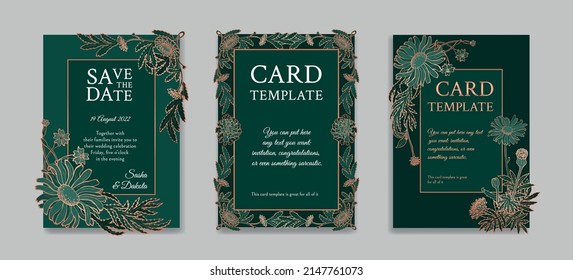 Set of Wedding invitation. Greenery greeting card collection template design, metallic copper flowers with emerald green background