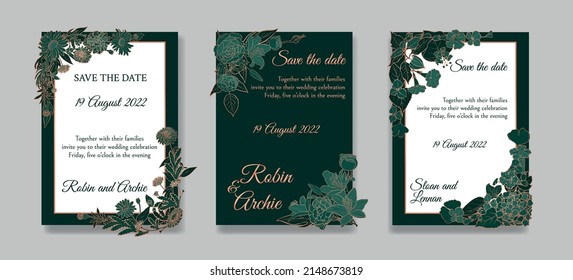 Set of Wedding invitation. Greenery greeting card collection template design, metallic copper flowers with emerald green background