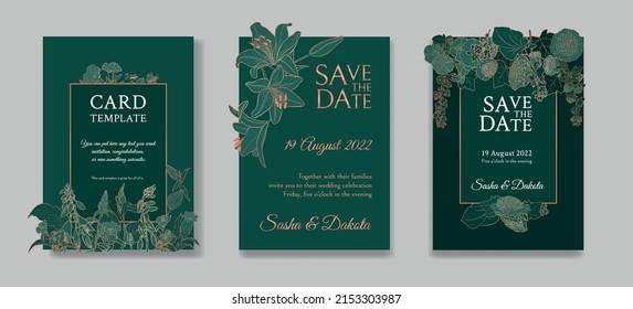 Conjunto de invitación a la boda. Diseño de plantillas para la colección de tarjetas de bienvenida verde, flores metálicas de cobre con fondo verde esmeralda
