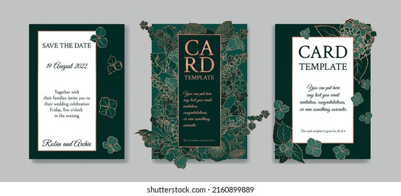 Set of Wedding invitation. Greenery greeting card collection template design, metallic copper flowers with emerald green background