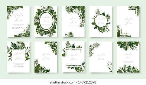 Set of wedding invitation with greenery tropic exotic summer card save the date envelope rsvp menu table label design with tropical fan palm leaf monstera. Botanical elegant decorative vector template