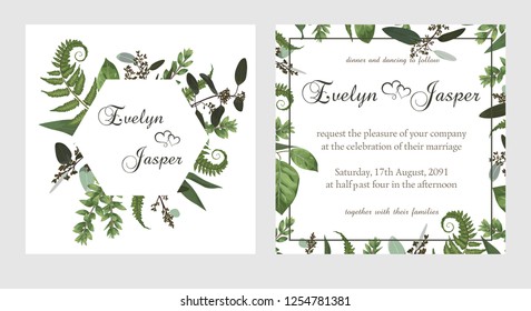 set for wedding invitation, greeting card, save date, banner. Vintage square, round frame with green fern leaf, boxwo od and eucalyptus sprigs isolated on white background. Watercolor
