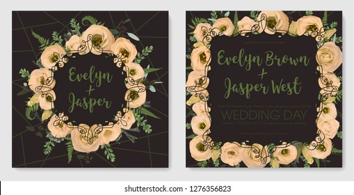 Set for wedding invitation, greeting card, save date, banner. Vintage frame with green fern leaf, boxwood, brunia eucalyptus and flowers eustoma cream. Isolated on brown background. Watercolor
