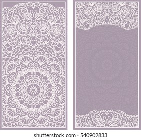 Set of Wedding Invitation or greeting card in light violet color with lace pattern. Layout congratulatory card with openwork pattern.Template card, invitation, advertising banner with space for text