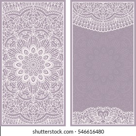 Set of Wedding Invitation or greeting card in light violet color with lace pattern. Layout congratulatory card with openwork pattern.Template card, invitation, advertising banner with space for text