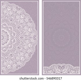 Set of Wedding Invitation or greeting card in light violet color with lace pattern. Layout congratulatory card with openwork pattern.Template card, invitation, advertising banner with space for text