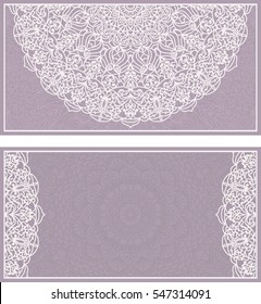 Set of Wedding Invitation or greeting card in light violet color with lace pattern. Layout congratulatory card with openwork pattern.Template card, invitation, advertising banner with space for text