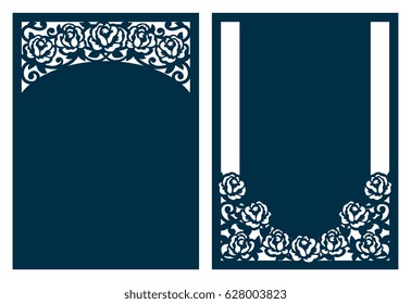 Set of Wedding Invitation or greeting card with lace pattern of roses. Layout congratulatory card with carved openwork pattern. Pattern suitable for laser cutting, plotter cutting or printing. Vector