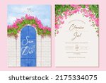 Set of wedding invitation with hand drawn watercolor spring pink bougainvillea flower Santorini