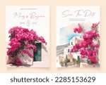 Set of wedding invitation with hand drawn watercolor spring pink bougainvillea flower background