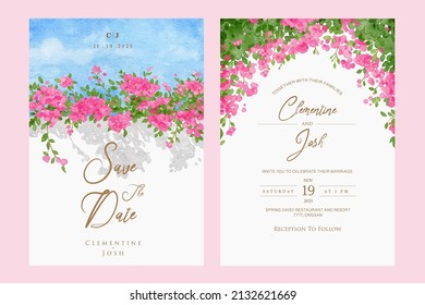 Set of wedding invitation with hand drawn watercolor spring pink bougainvillea flower background