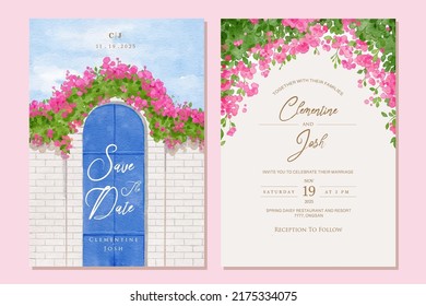 Set of wedding invitation with hand drawn watercolor spring pink bougainvillea flower Santorini