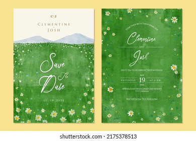 Set of wedding invitation with hand drawn watercolor spring daisy flower fields background landscape