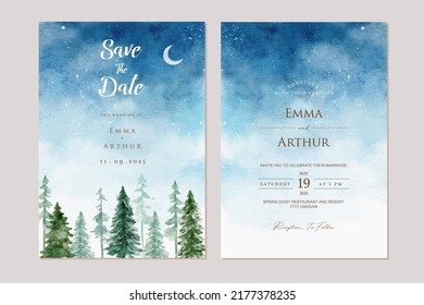 Set of wedding invitation with hand drawn watercolor night sky pine tree landscape
