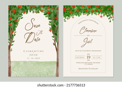 Conjunto de invitación a la boda con fondo de flores de árbol de rosas rojas de color de agua dibujada a mano