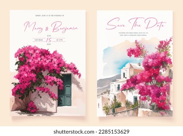 Set of wedding invitation with hand drawn watercolor spring pink bougainvillea flower background