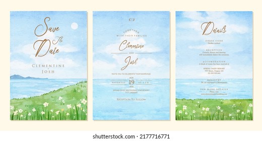 Set of wedding invitation with landscape beach hand drawn watercolor background template