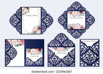 Establecer plantillas de corte láser de invitación de casamiento con patrón de damasco, vector.
