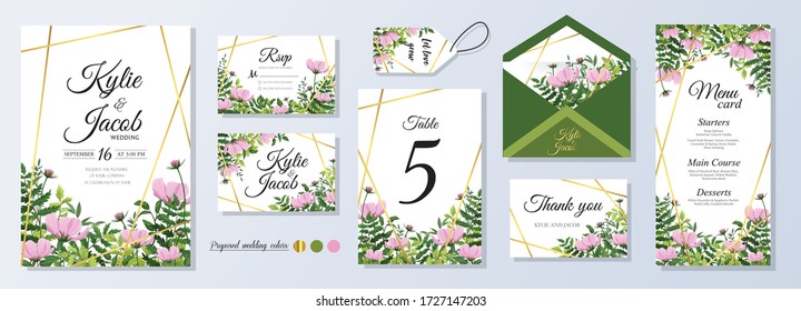 Set wedding Invitation, menu, rsvp, label, table number, envelope. Design with pink cosmos flowers, green leaves greenery foliage bouquet and golden frame. Vector cute rustic delicate layout.
