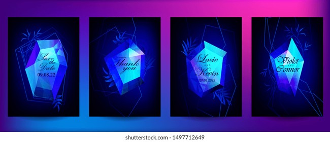 Set of wedding invitation with neon crystals on dark background