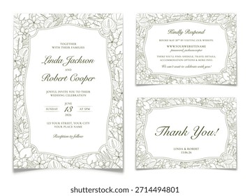 Conjunto de postal de invitación de boda con corona floral tropical de contorno verde. RSVP y colección de tarjeta de agradecimiento para la celebración de la ceremonia matrimonial con marco de planta exótica de arte de línea. Ilustración vectorial