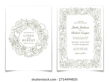 Conjunto de convite de casamento cartão postal com coroa floral tropical contorno verde. Coleção de cartões de saudação para celebração do casamento com monstera de arte em linha, antúrio e plantas exóticas. Ilustração vetorial