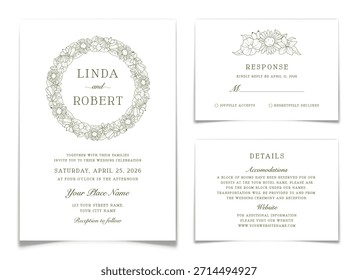 Set of wedding invitation postcard with green outline wild field flower wreath. RSVP and details card collection for marriage ceremony celebration with line art floral plant frame. Vector illustration