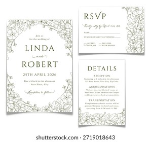 Conjunto de postal de invitación de boda con corona de flores de campo salvaje de contorno verde. Colección de tarjeta de RSVP y detalles para la celebración de la ceremonia matrimonial con marco de planta floral de arte de línea. Ilustración vectorial