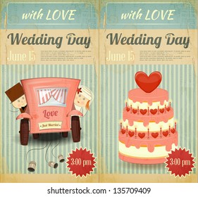 Set of Wedding Invitation in Retro Style. Vintage Design. Vector Illustration.