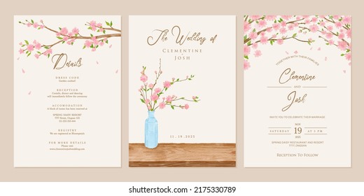 Set of wedding invitation with sakura pink flowers tree branches background