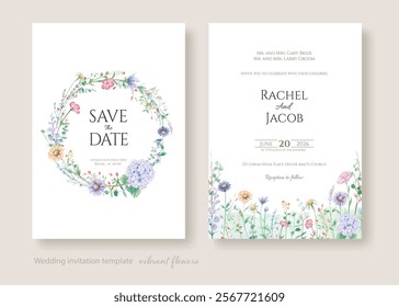 A set of wedding invitation and save-the-date cards with vibrant watercolor floral designs. Fully editable elements.