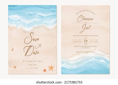 Set of wedding invitation with summer beach hand drawn watercolor background