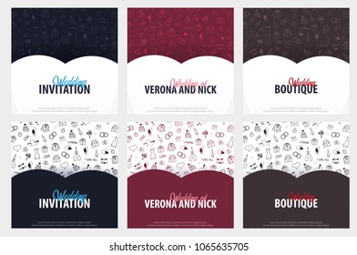 Set of Wedding Invitation tamplates with doodle elements on a background. Save the date card. Vector illustration
