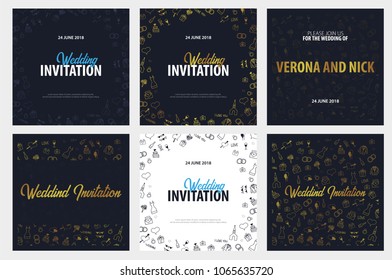 Set of Wedding Invitation tamplates with doodle elements on a background. Save the date card. Vector illustration