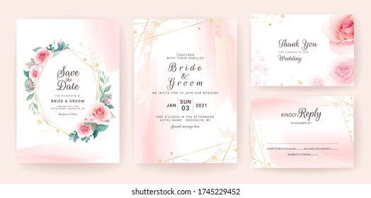 Set of wedding invitation template with abstract shapes and floral frame. Flowers composition vector for save the date, greeting, thank you, rsvp, etc