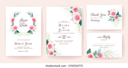 Conjunto de plantillas de invitación a la boda con insignia y decoración floral dorada. Vector de composición de flores para guardar la fecha, saludo, gracias, rsvp, etc