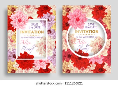 Set wedding invitation template with beautiful flowers greeting card. Vector illustration.