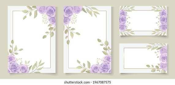 Set of wedding invitation template with beautiful purple blooming roses design