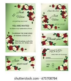 Set of wedding invitation template with beautiful rose garland. Vector illustration